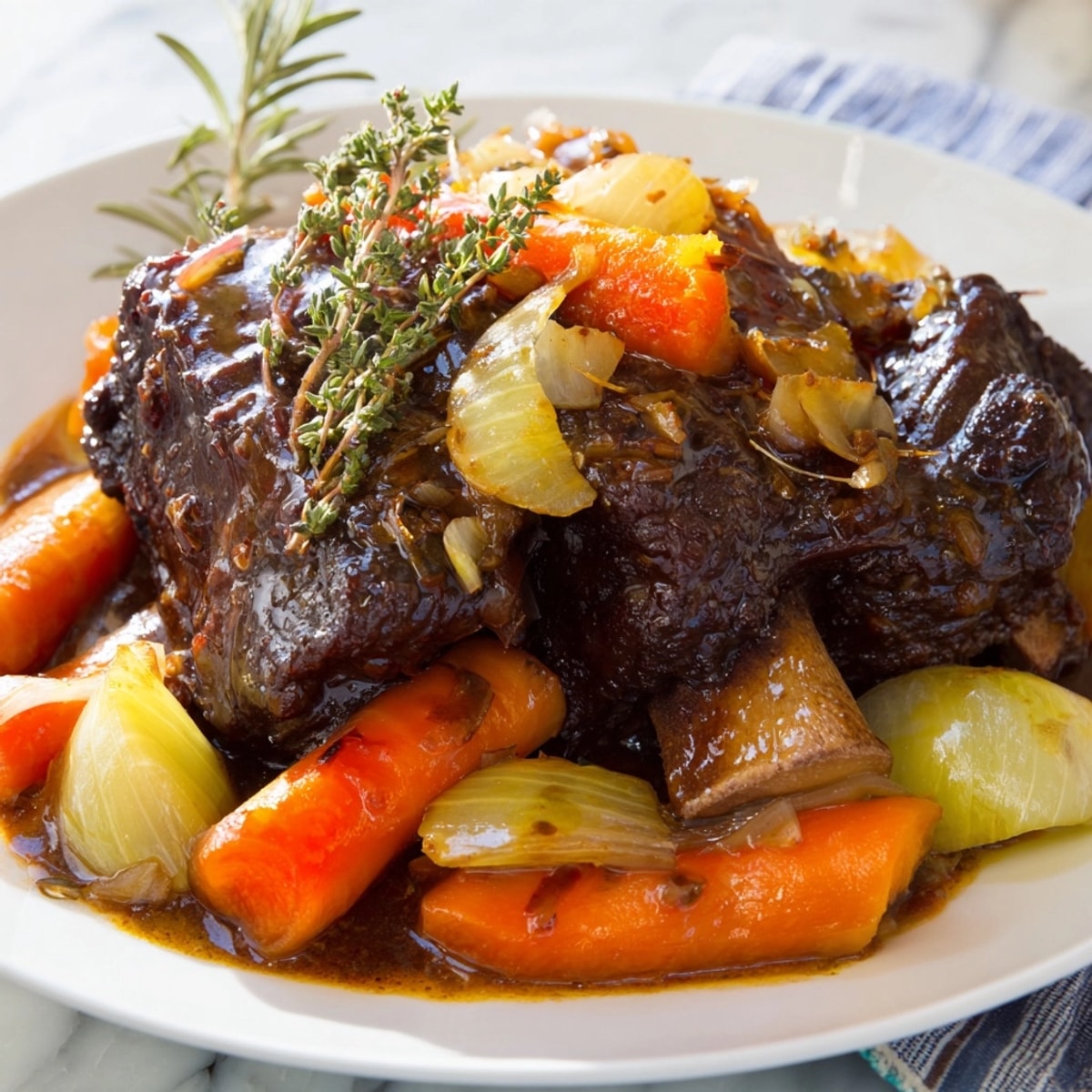 Close-up of glistening Apple Cider Braised Short Ribs, fork-tender and smothered in savory sauce.