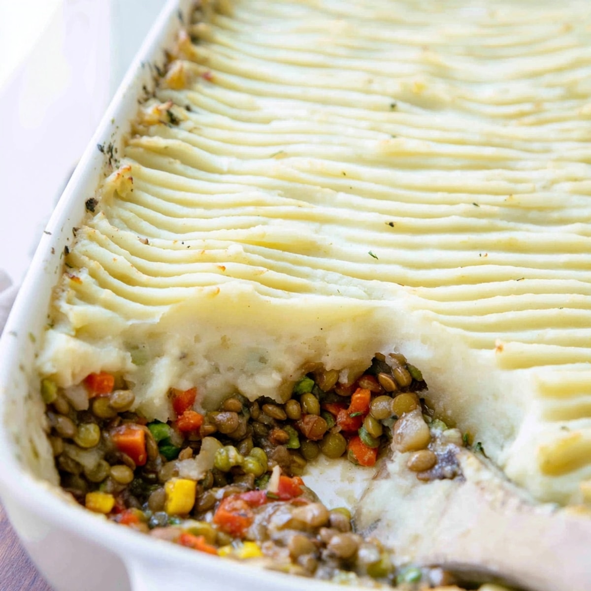 Close-up of golden brown Lentil & Veggie Shepherds Pie, fresh from the oven.