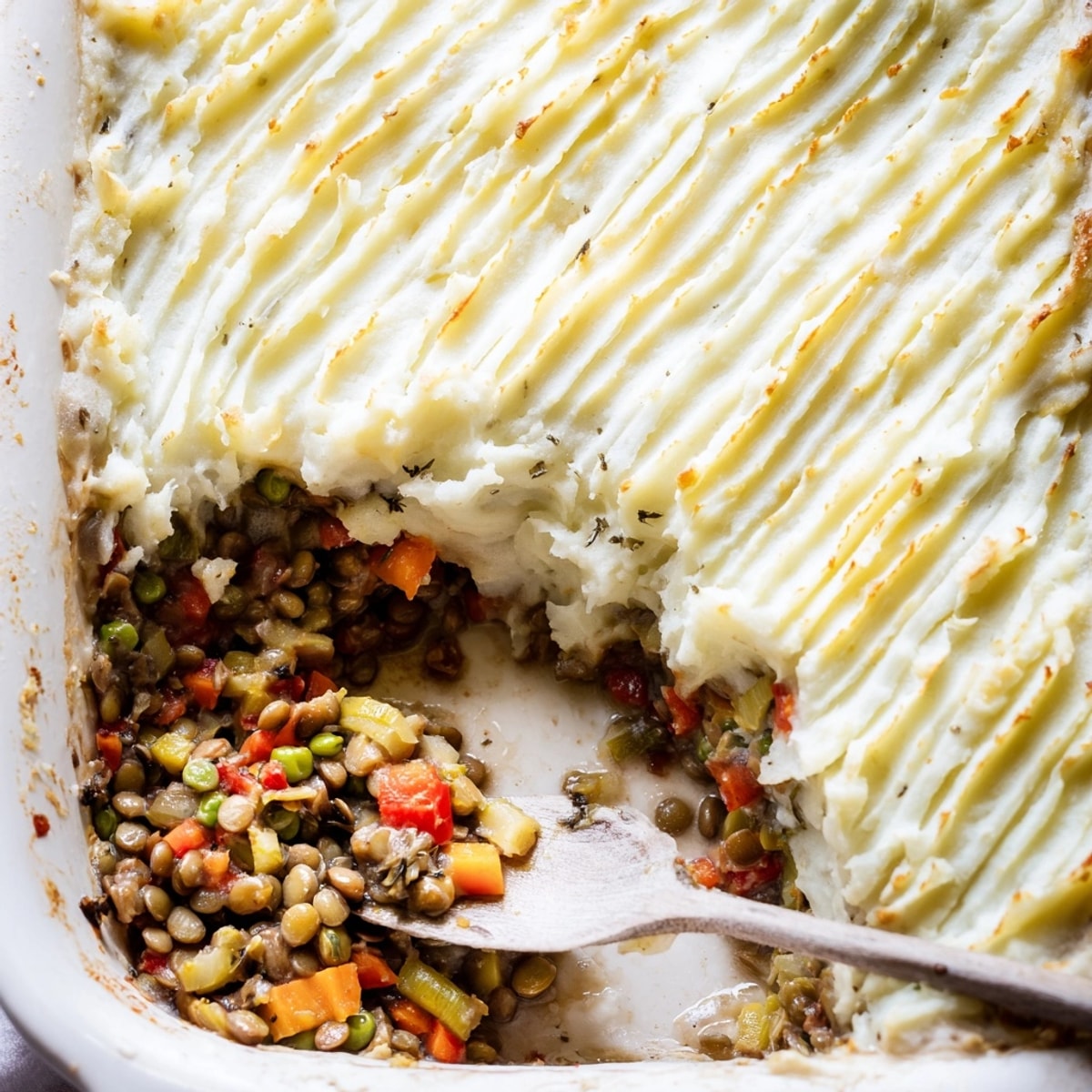 Vegan Lentil &amp; Veggie Shepherds Pie: comfort food with lentils, vegetables, and creamy topping.