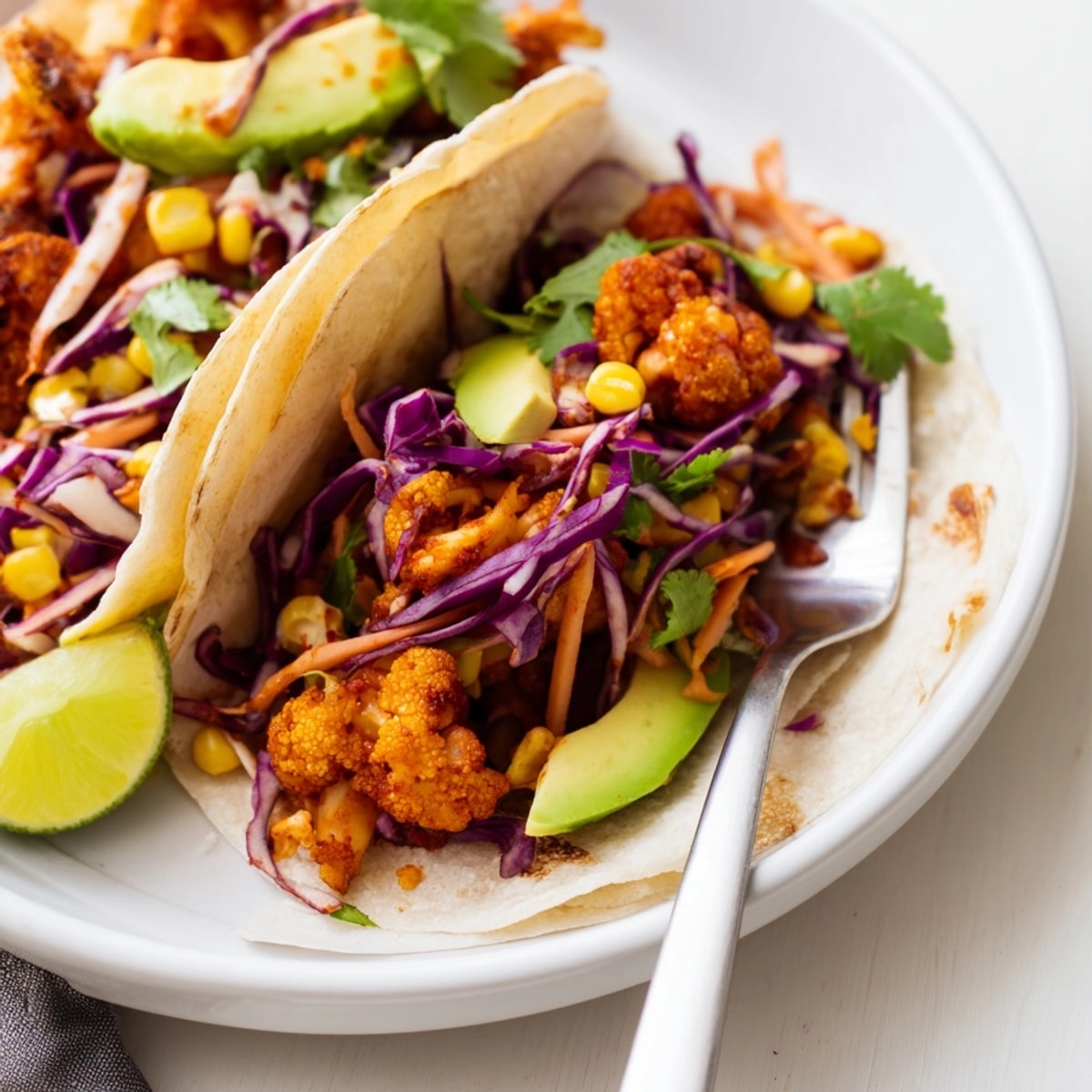 Vibrant BBQ Cauliflower & Sweet Corn Tacos plated, showcasing colorful slaw and creamy avocado.