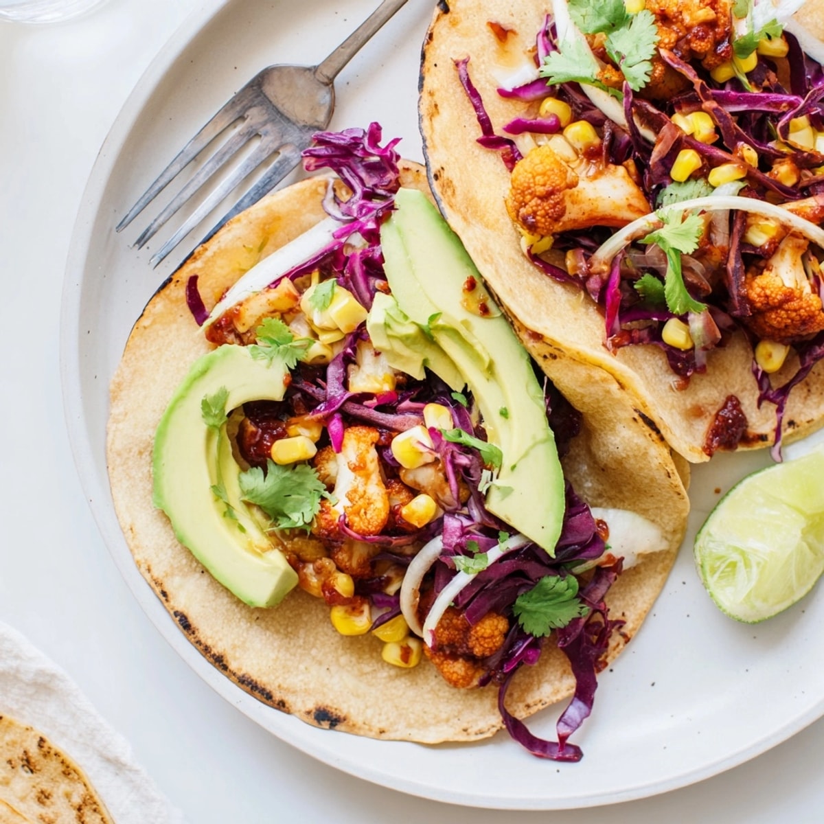 Close-up of BBQ Cauliflower & Sweet Corn Tacos overflowing with smoky, saucy roasted cauliflower filling.