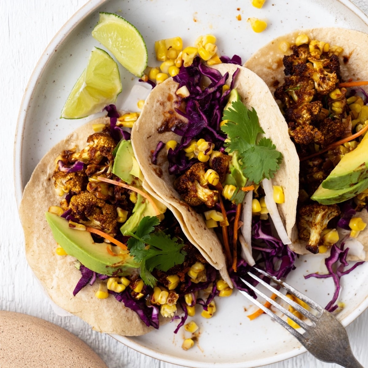 Golden grilled BBQ Cauliflower & Sweet Corn Tacos ready to serve with fresh cilantro garnish.