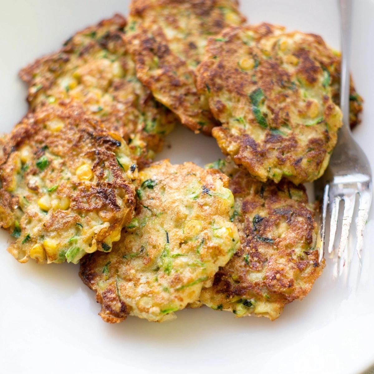 Golden Sweet Corn & Zucchini Fritters, crispy summer appetizer, plated and ready to eat.