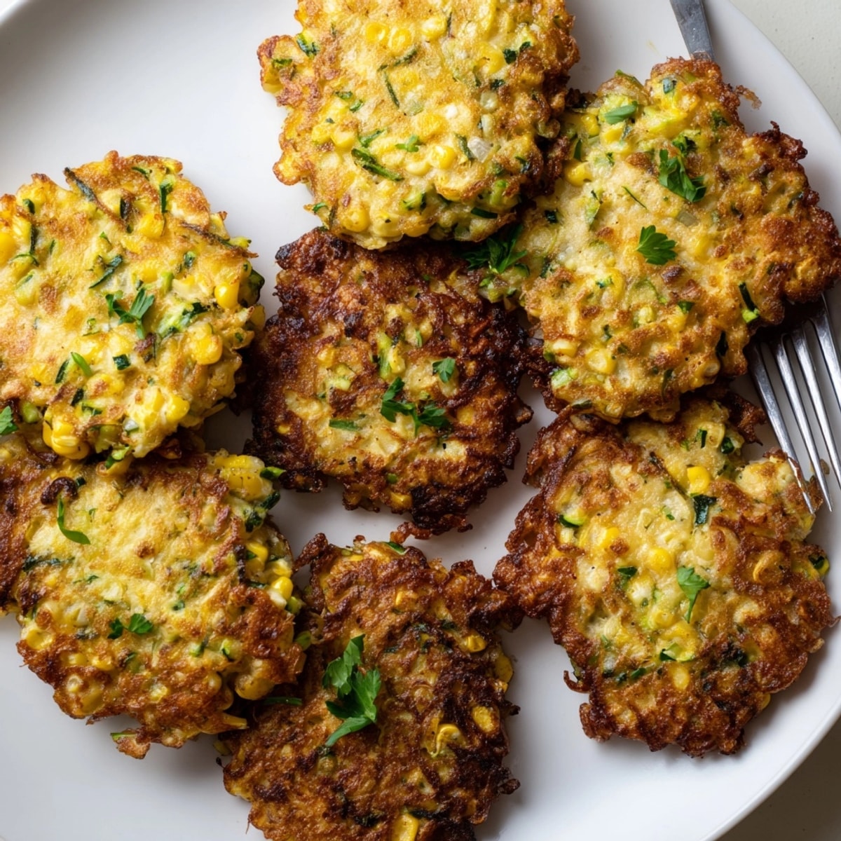 Close-up of freshly fried Sweet Corn &amp; Zucchini Fritters, showcasing golden-brown texture.