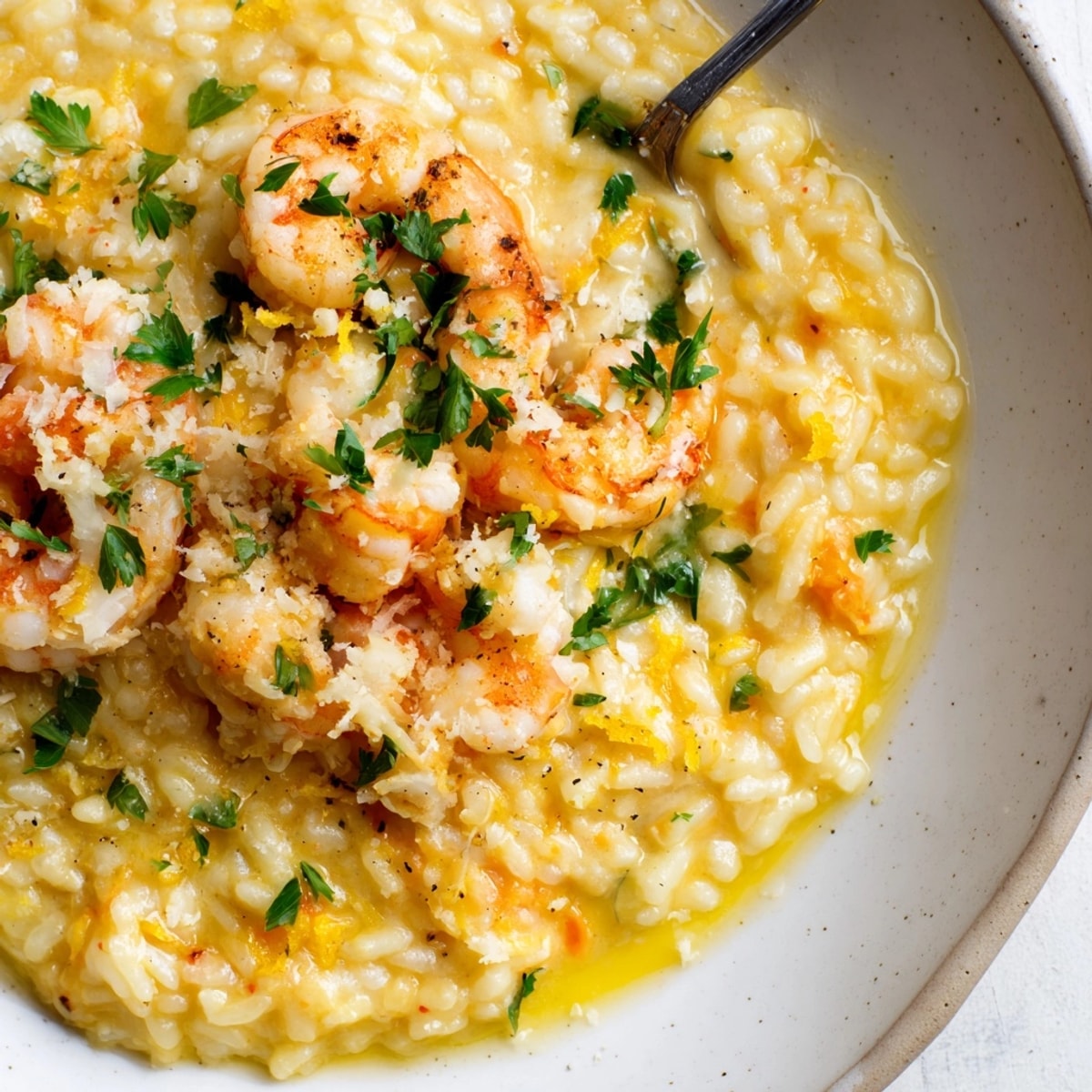 Creamy Saffron & Lemon Risotto with Shrimp: golden rice peaks, lemon zest garnish.