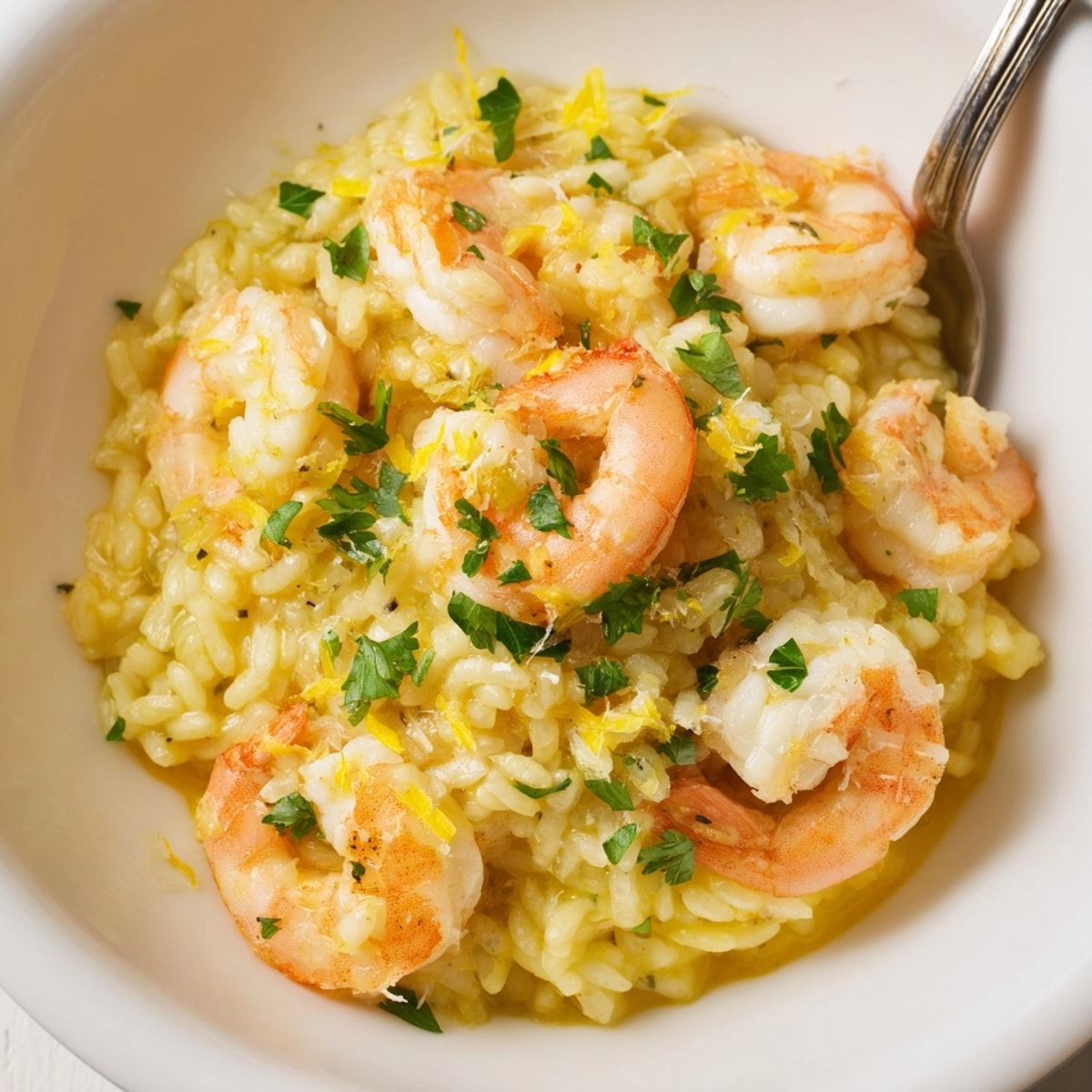Saffron & Lemon Risotto with Shrimp: Aromatic Italian dish, creamy texture, served warm.