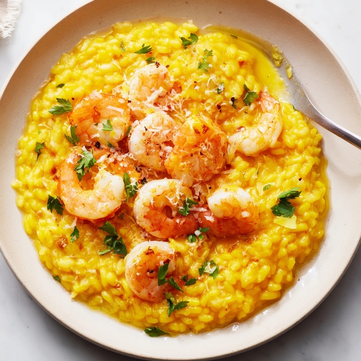 Close-up of vibrant Saffron & Lemon Risotto with Shrimp, plated for elegant serving.