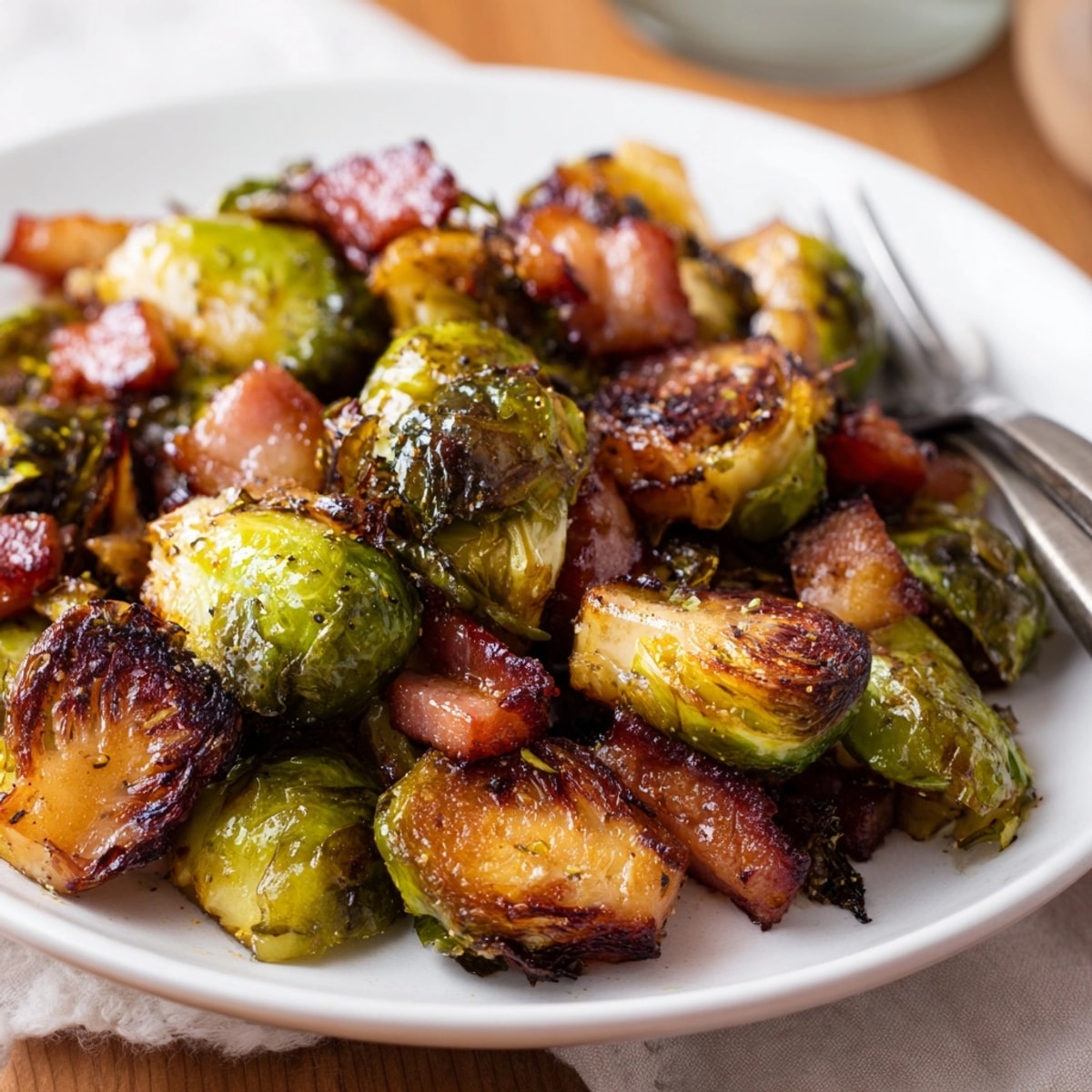 Golden Maple Bacon Brussels Sprouts, glistening with glaze, ready to serve as a holiday side.