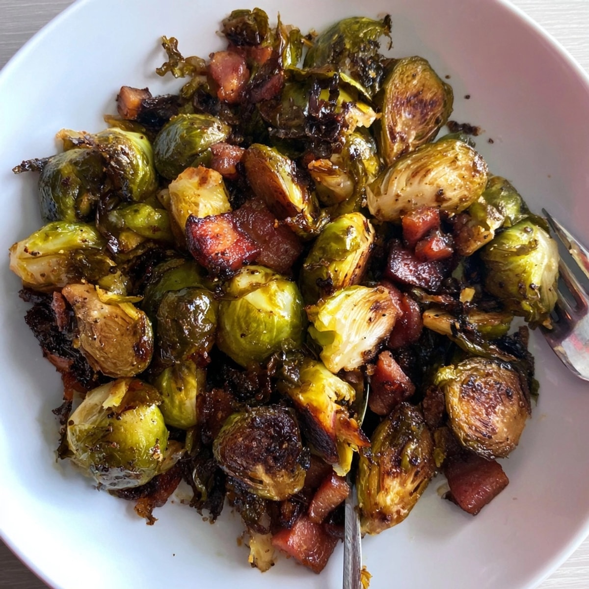 Close-up of crispy Maple Bacon Brussels Sprouts: imagine smoky, savory-sweet perfection on your plate.
