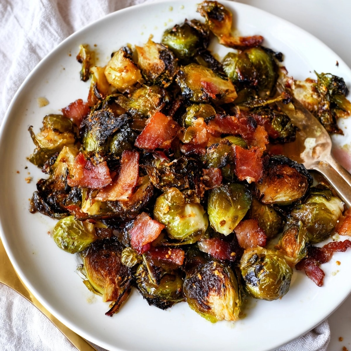 Roasted Maple Bacon Brussels Sprouts recipe: caramelized edges, perfectly tender, a delicious Thanksgiving side.