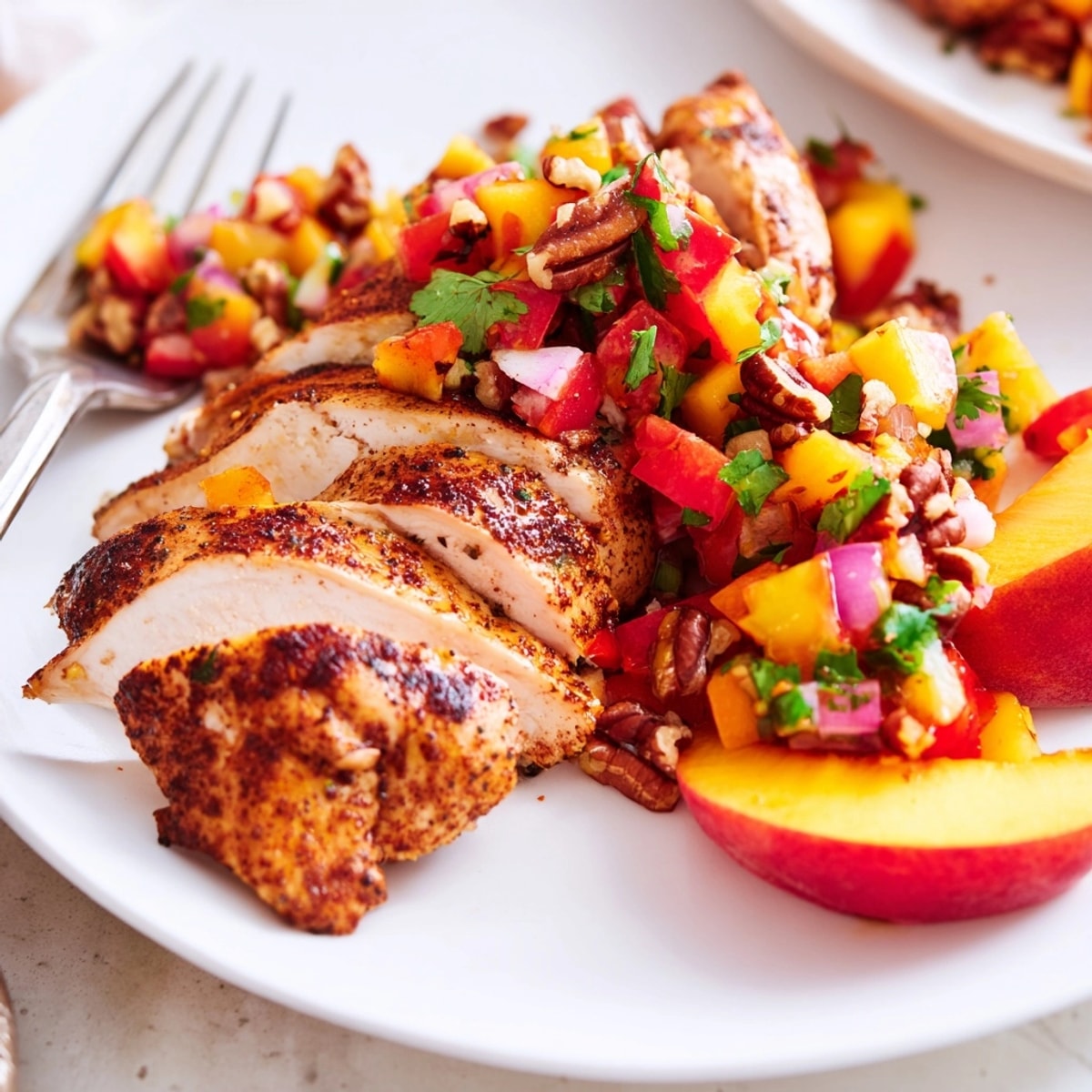 Golden Spicy Peach & Pecan Salsa Chicken, glistening with summery toppings, ready to be served.