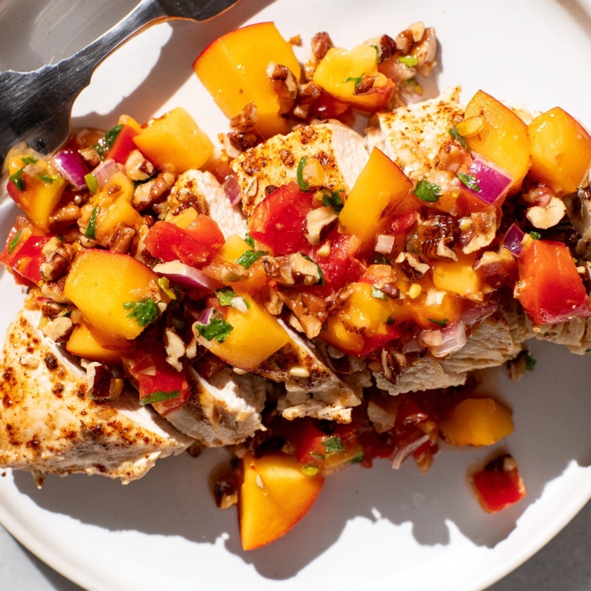 Close-up of juicy Spicy Peach &amp; Pecan Salsa Chicken showcases the vibrant peach salsa topping.