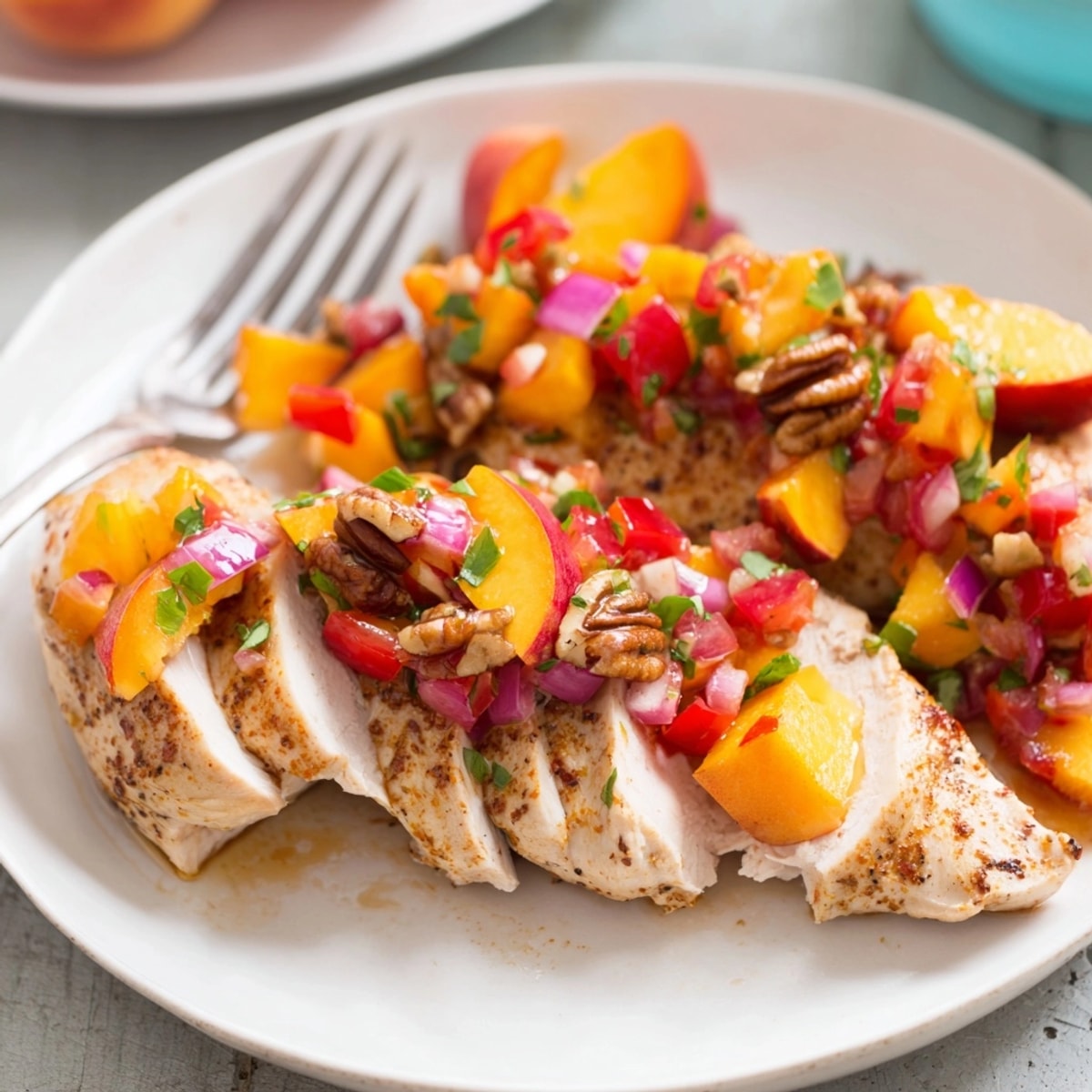 Warm, baked Spicy Peach &amp; Pecan Salsa Chicken recipe with cilantro, pecans, and peach chunks.
