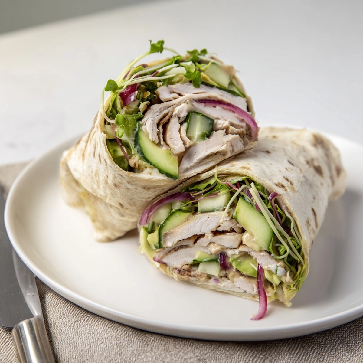 Close-up: vibrant Microgreen &amp; Honey Mustard Chicken Wrap, sliced open, showing colorful ingredients.