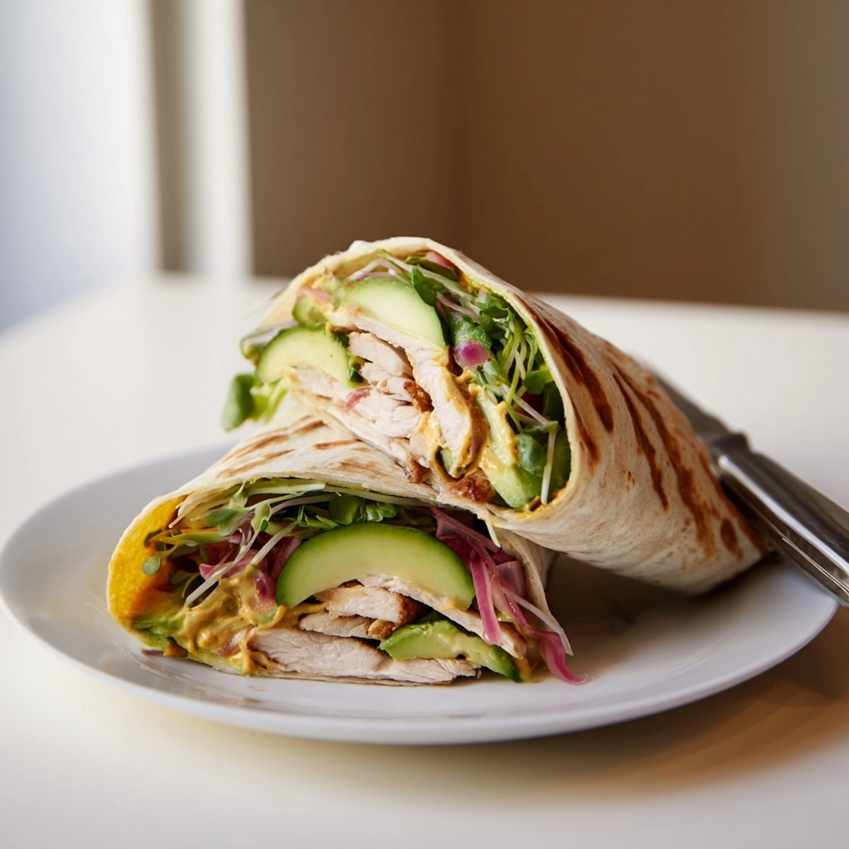 Easy Microgreen &amp; Honey Mustard Chicken Wraps recipe; enjoy a light and tasty high-protein lunch.