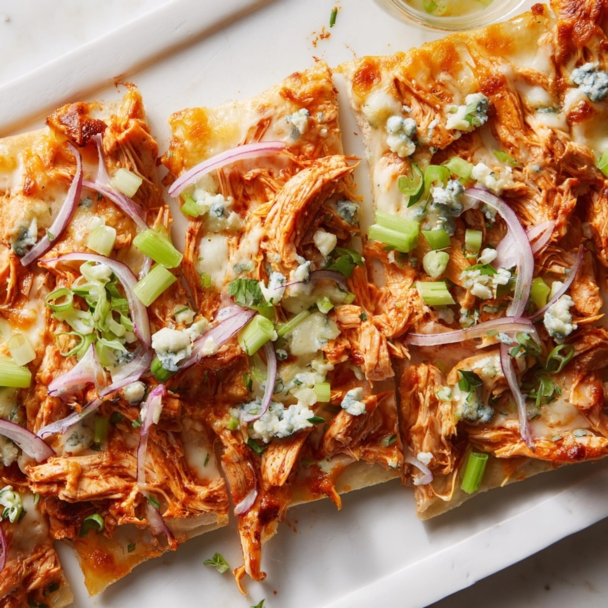 Close-up of spicy Buffalo Chicken & Blue Cheese Flatbread, bubbly, melty cheese.