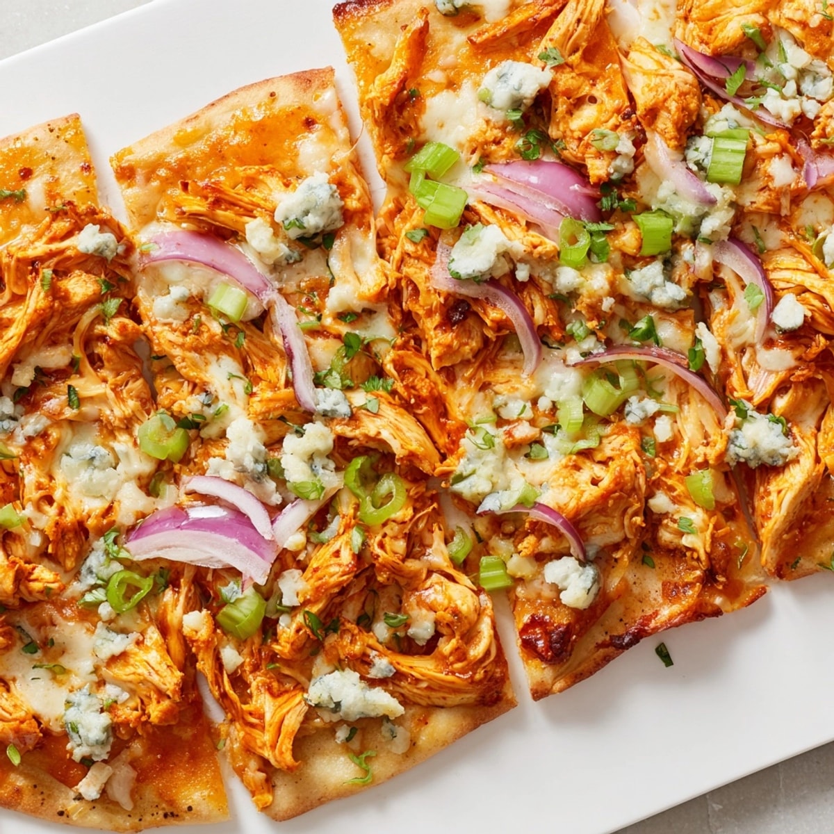 Baked Buffalo Chicken &amp; Blue Cheese Flatbread: golden crust, fresh toppings, ready to serve.