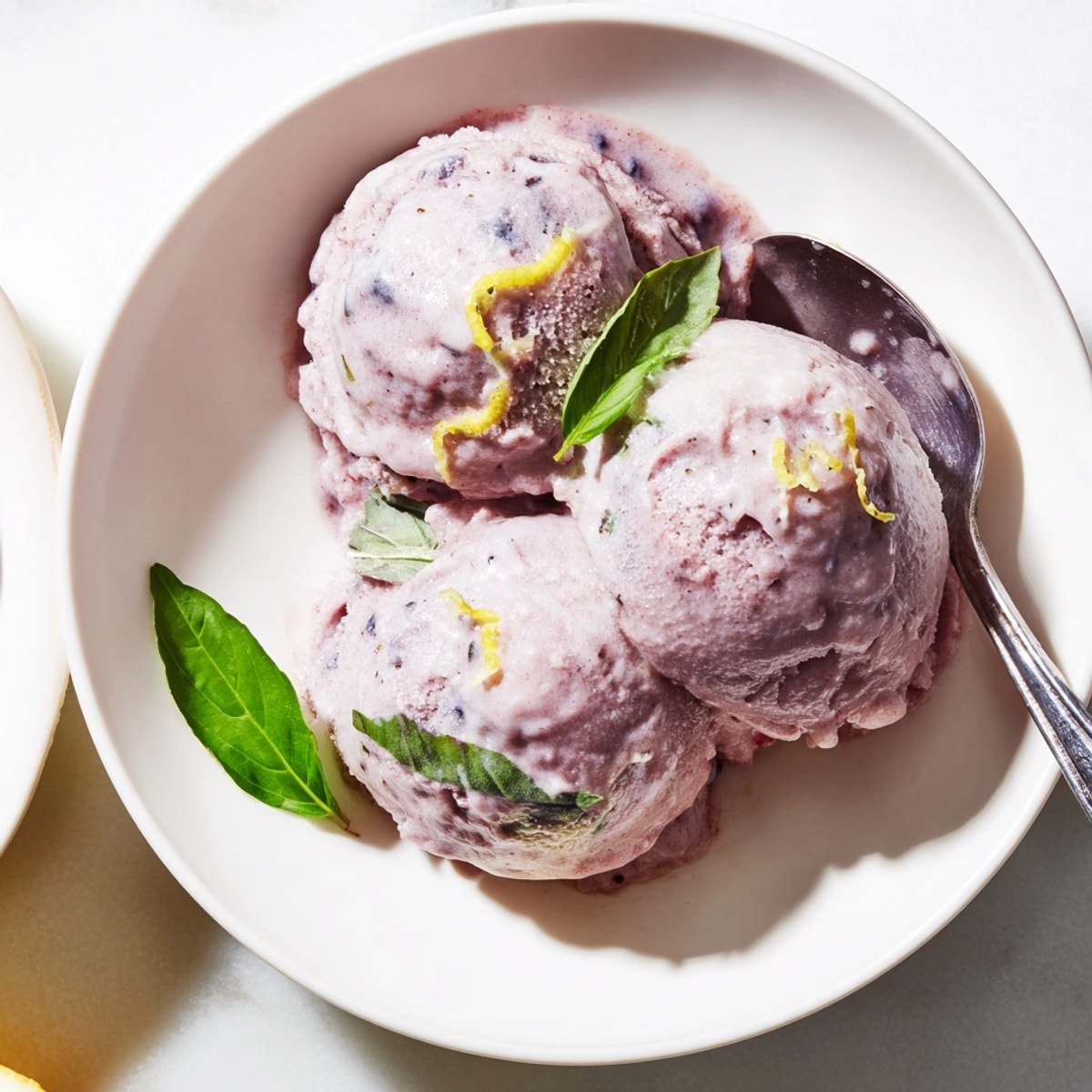 Refreshing Blueberry &amp; Basil Lemonade Sorbet: vibrant purple swirls dotted with fresh basil garnish.