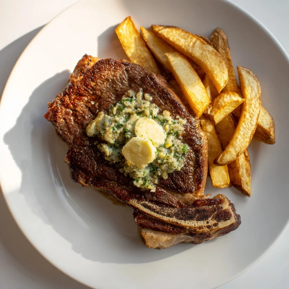 Golden-brown fries alongside a seared Steakhouse Garlic Butter Steak, ready for a satisfying, delicious meal.