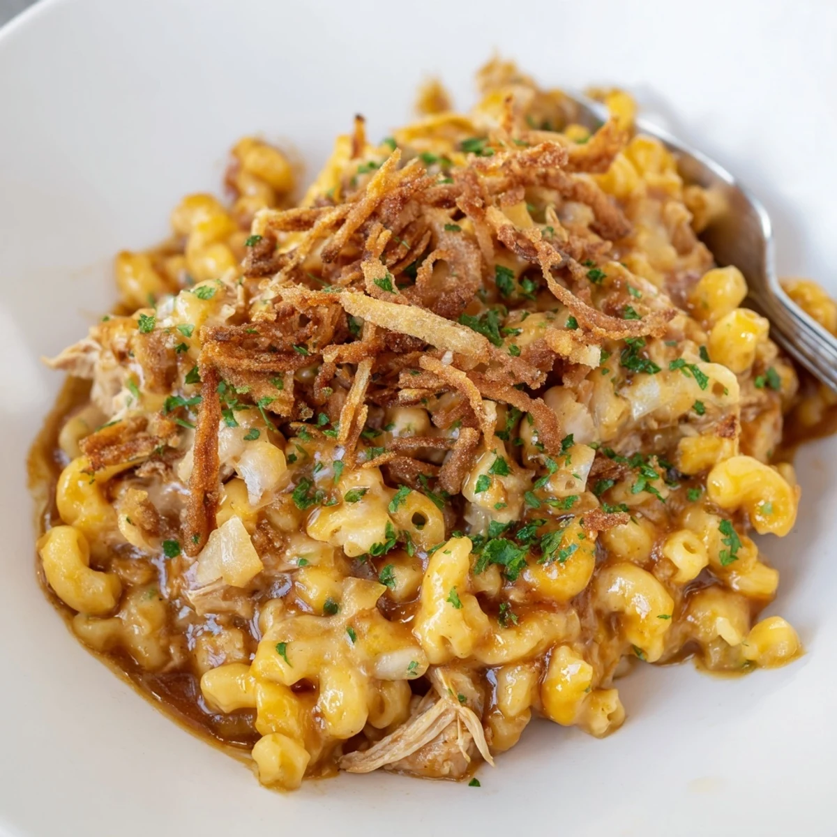 Golden, bubbly one-pot honey BBQ chicken mac and cheese, topped with crispy onions and parsley.