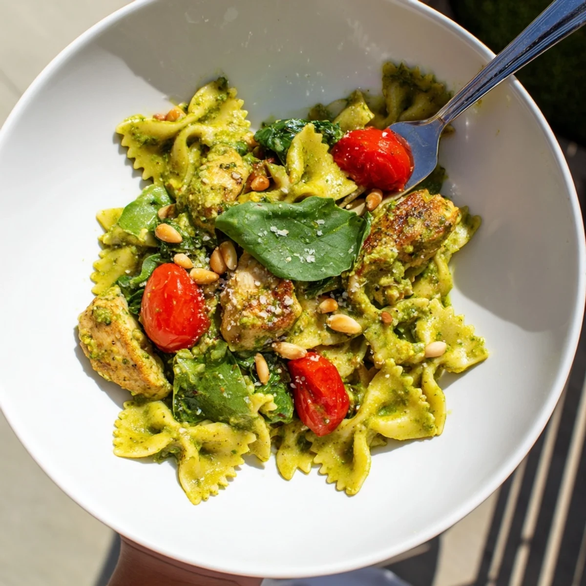 Vibrant Pesto Chicken Bowtie Pasta: a close-up photo showcasing the finished, delicious meal.