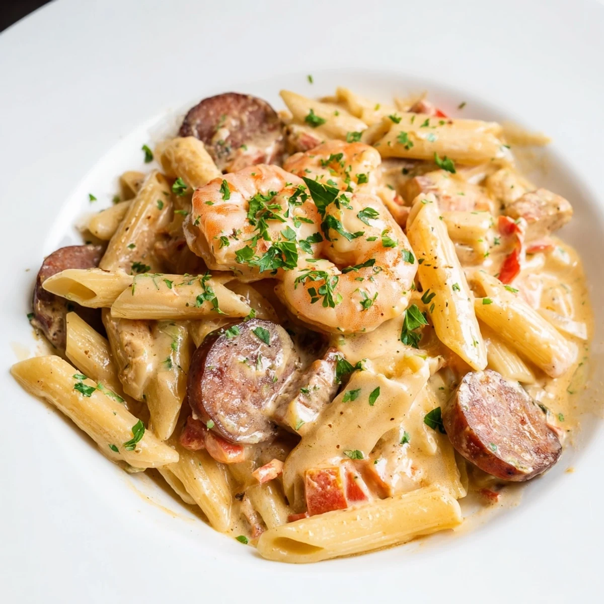 Vibrant photo of Cajun Sausage & Shrimp Alfredo Pasta Skillet: Creamy, spicy pasta dish ready to be served.
