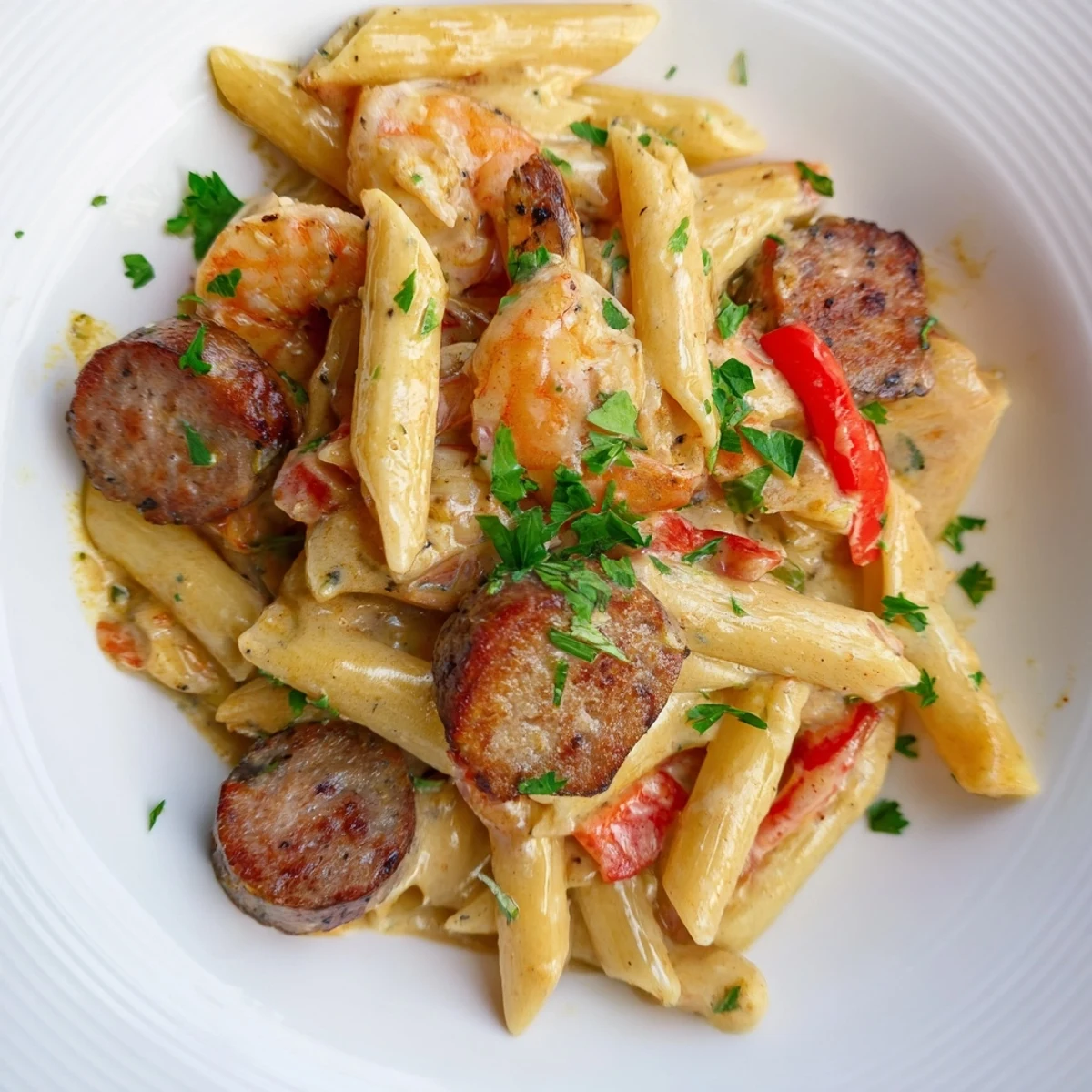 This Cajun Sausage & Shrimp Alfredo Pasta Skillet features smoky sausage, perfectly cooked shrimp, and rich Alfredo sauce.