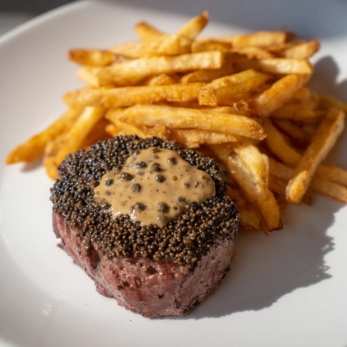 Close-up photo shows a perfectly seared Classic Peppercorn Ribeye steak with a side of fries.