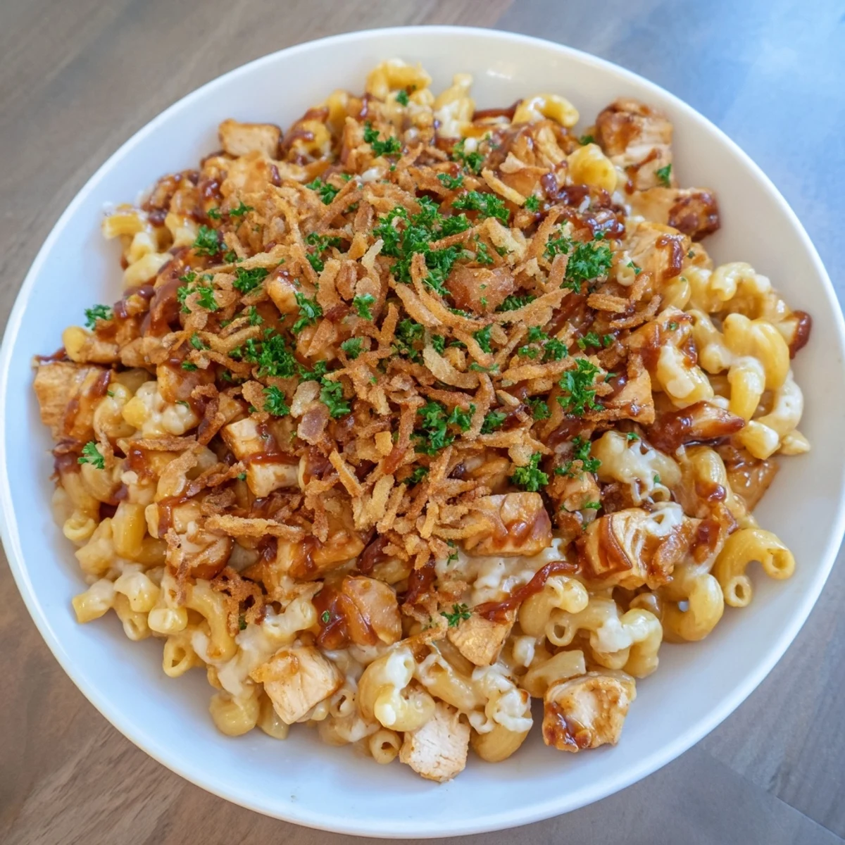 A steaming bowl of one-pot honey BBQ chicken mac and cheese, ready for a delicious meal.