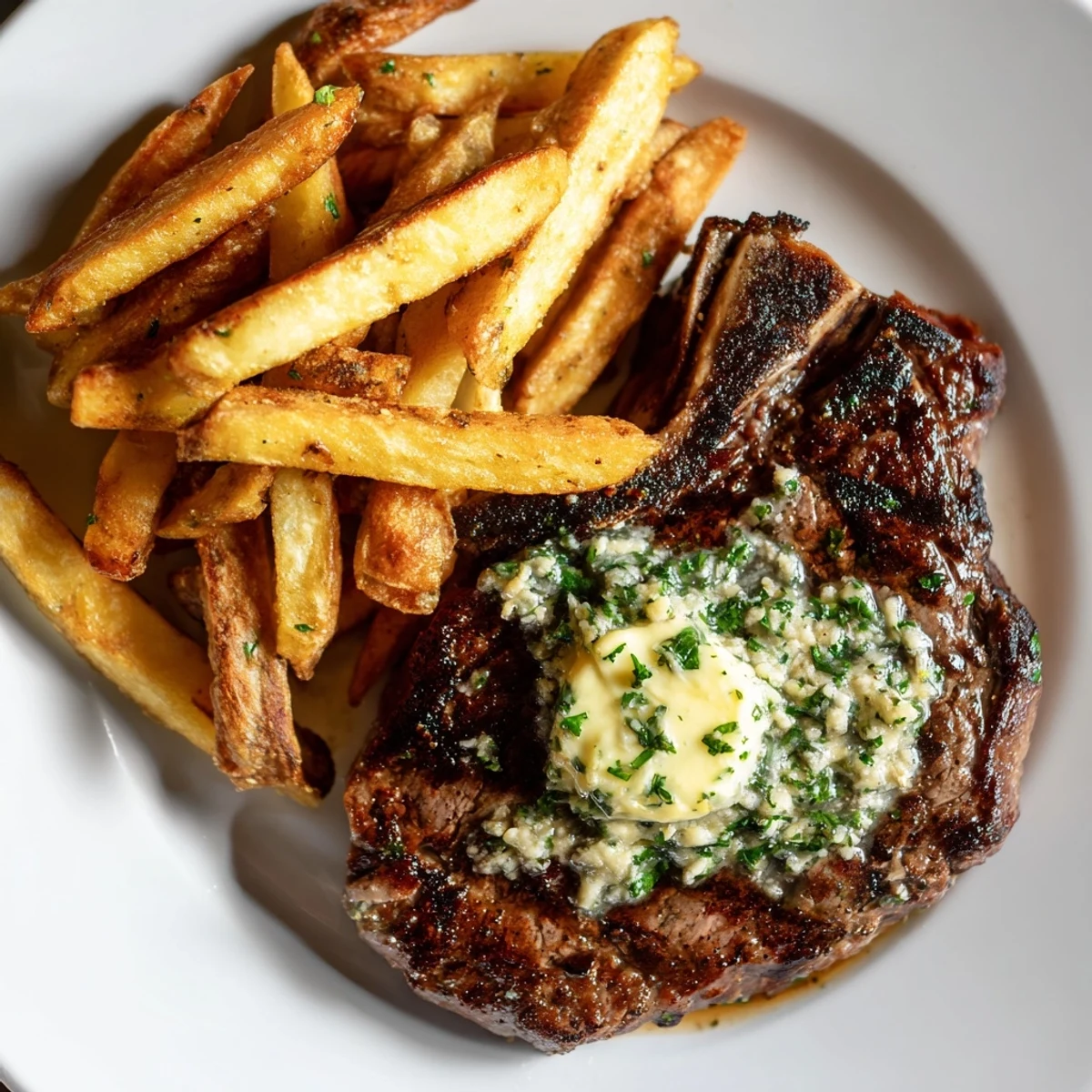A juicy, perfectly cooked Steakhouse Garlic Butter Steak & Fries, glistening with herb-infused butter.