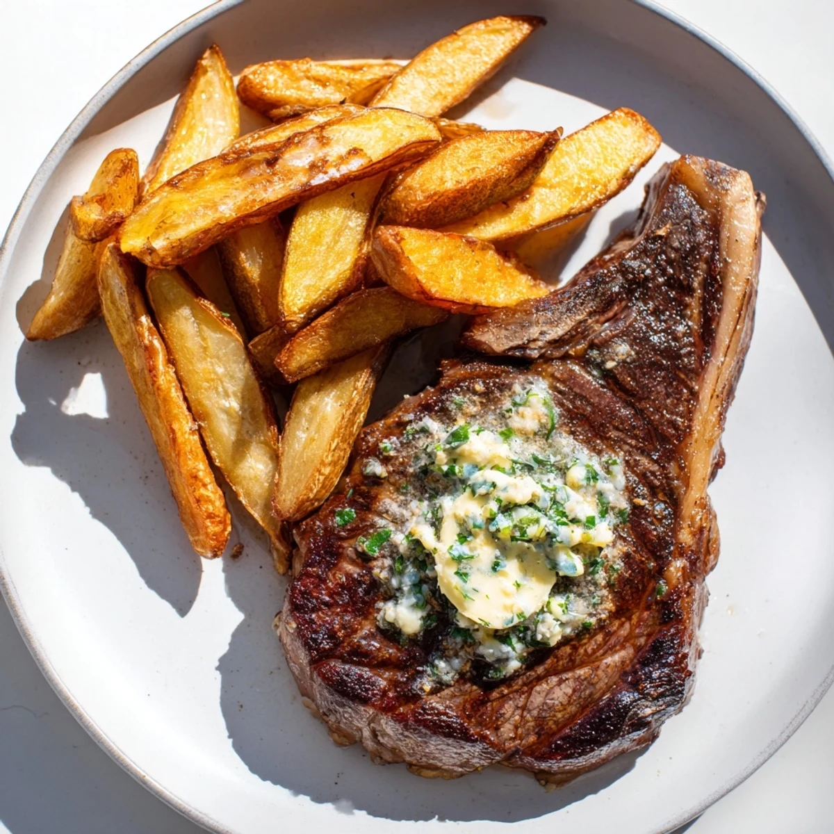Tender Steakhouse Garlic Butter Steak melting with garlic butter, served with crispy, seasoned fries on a plate.