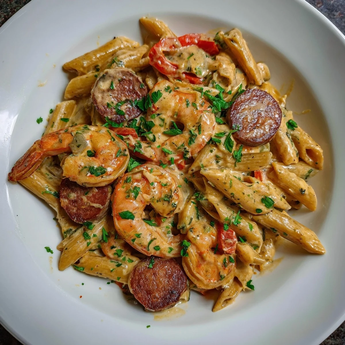 Cajun Sausage & Shrimp Alfredo Pasta Skillet: A skillet brimming with creamy pasta, spicy sausage, and plump shrimp.