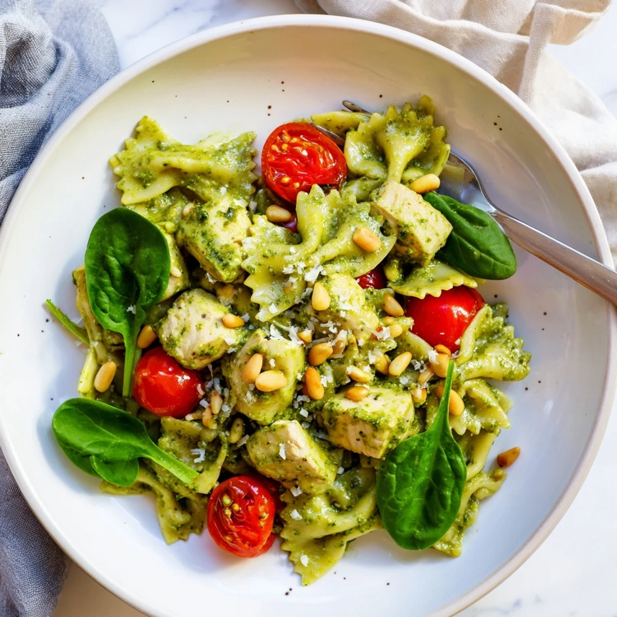 Golden chicken and bowtie pasta bathed in creamy pesto sauce, a flavorful dinner.