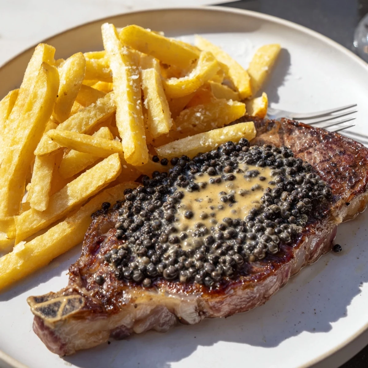 Sizzling Classic Peppercorn Ribeye with golden, crispy fries, a delicious steakhouse dinner.