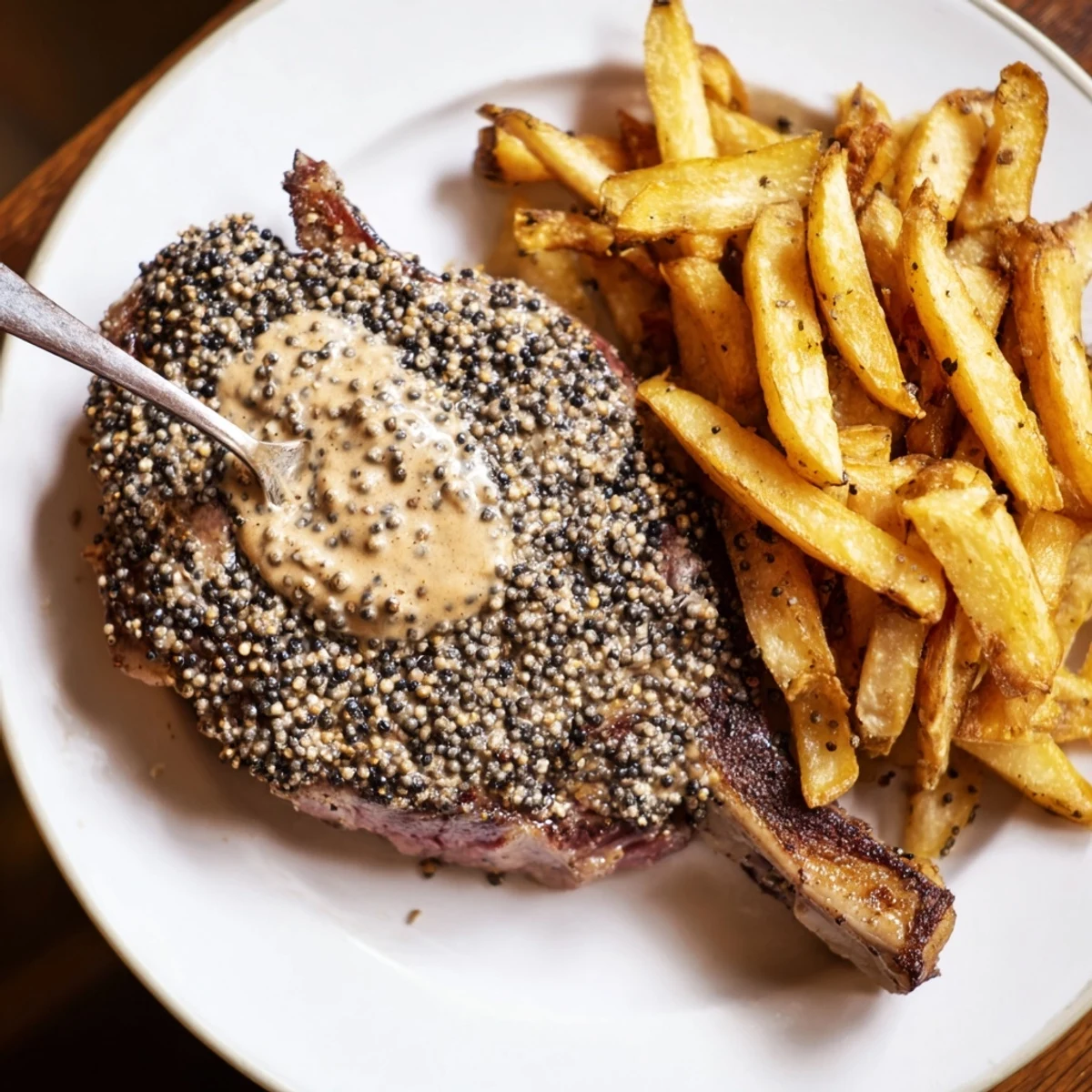 Richly flavored Classic Peppercorn Ribeye, glazed with butter, alongside a pile of golden-brown fries.