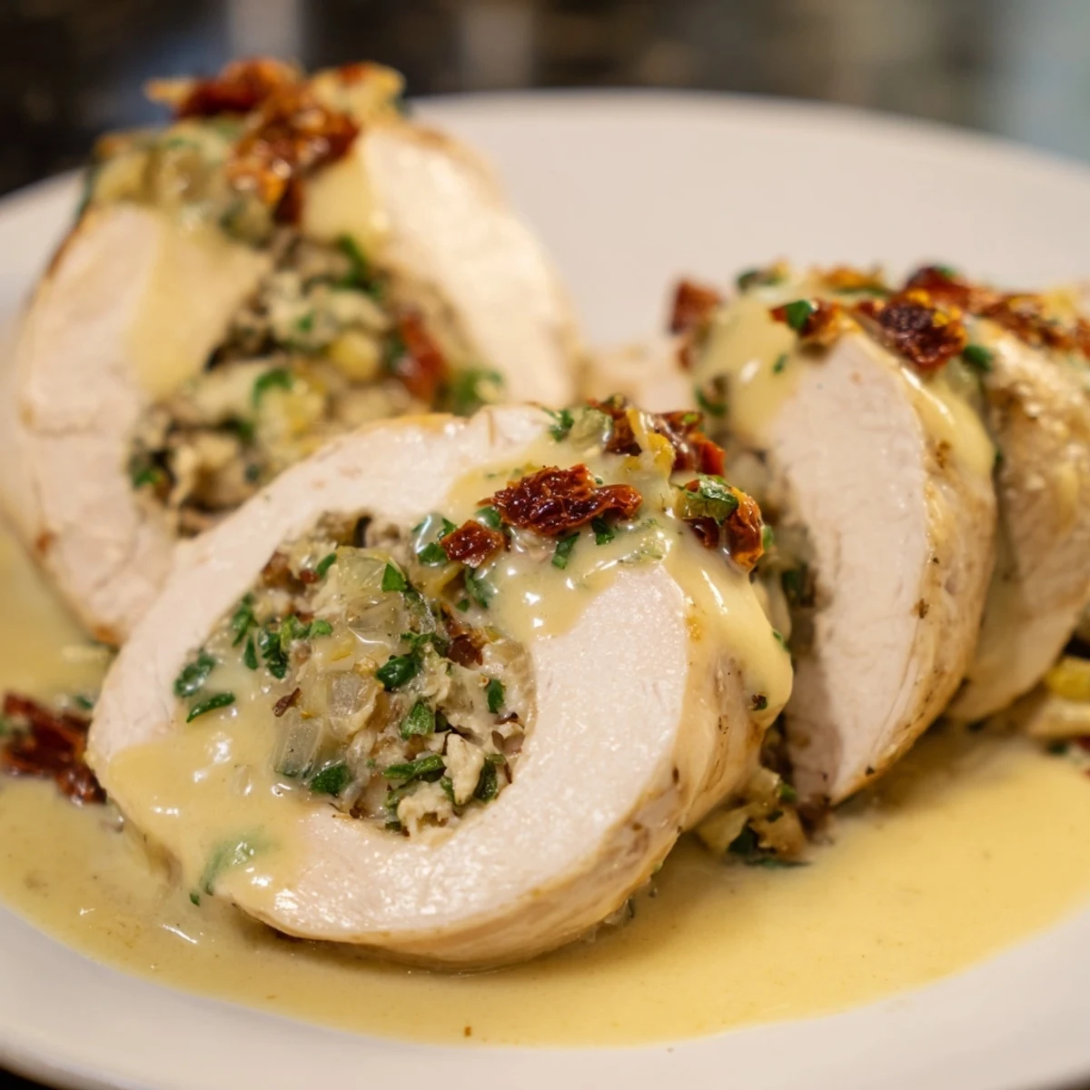 Golden-baked Marry Me Chicken and Stuffing Roulades, a creamy, tender entree for a special dinner.
