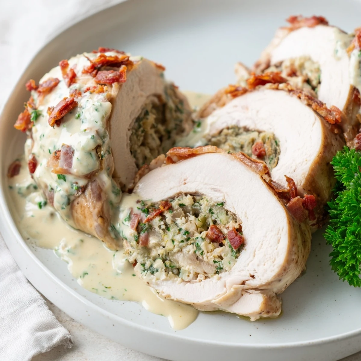 Close-up of savory Marry Me Chicken and Stuffing Roulades, showing creamy sauce and perfect, rolled chicken.