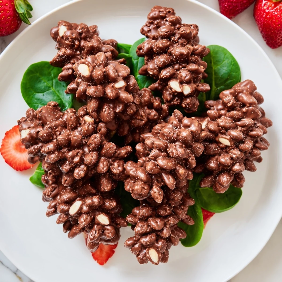Coco Pop Chocolate Pinecone dessert, a sweet, crunchy treat shaped like miniature pinecones on spinach.