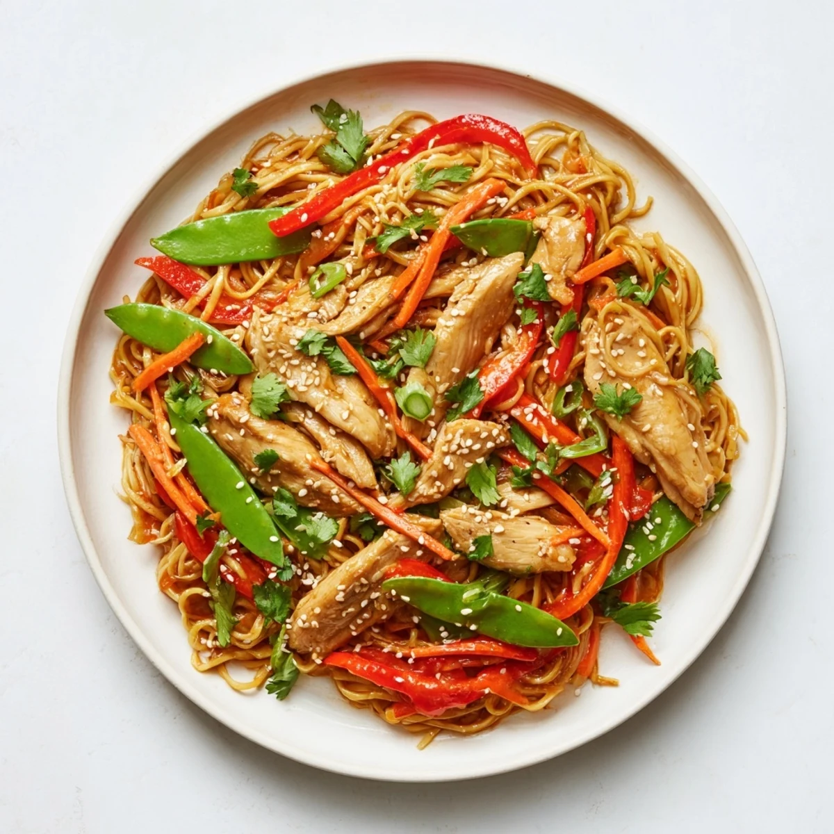 This delicious Lemon-Garlic Chicken Stir Fry, served with noodles, features glistening chicken and an aromatic sauce.