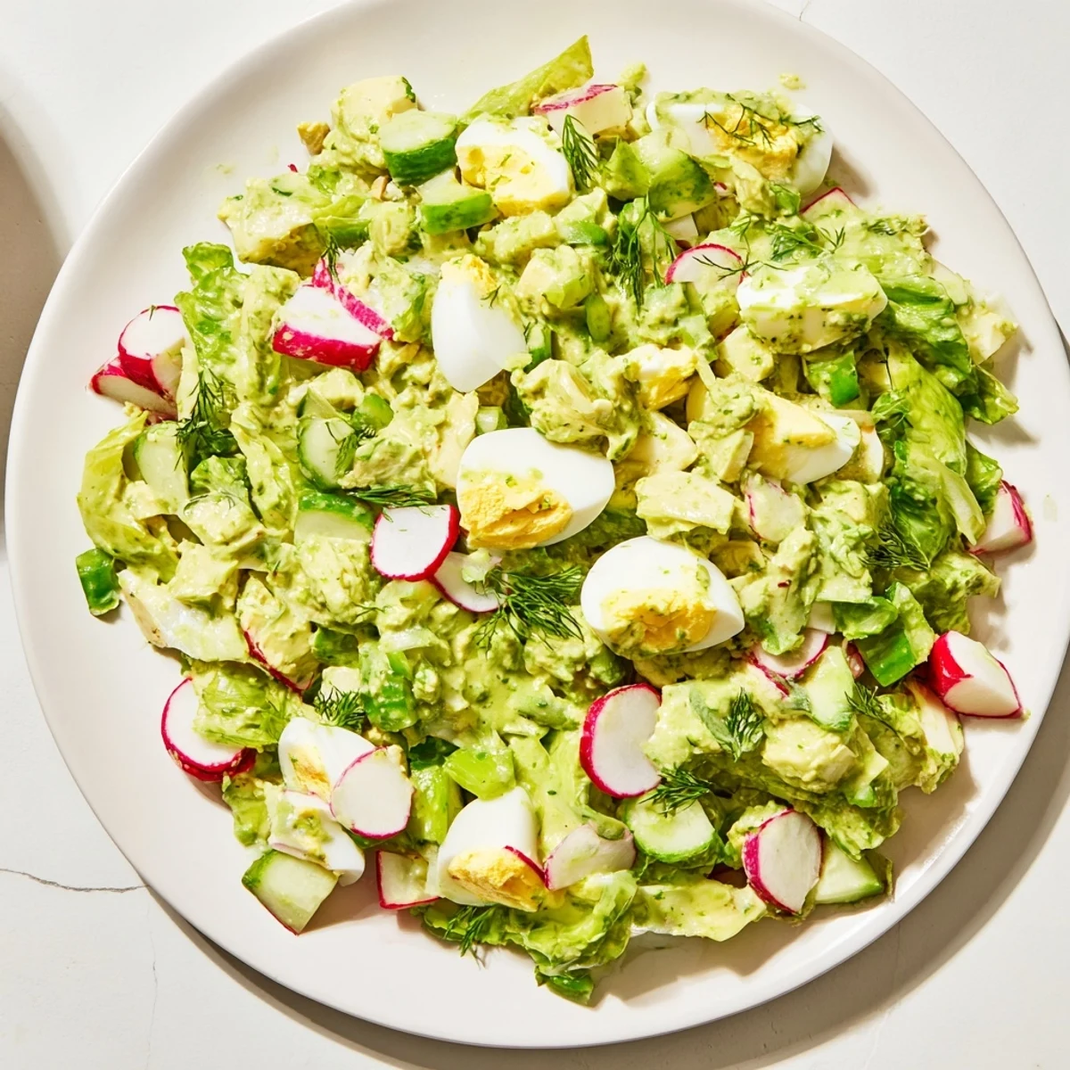 Freshly made Green Goddess Chopped Egg Salad, showcasing creamy dressing and garden-fresh ingredients.