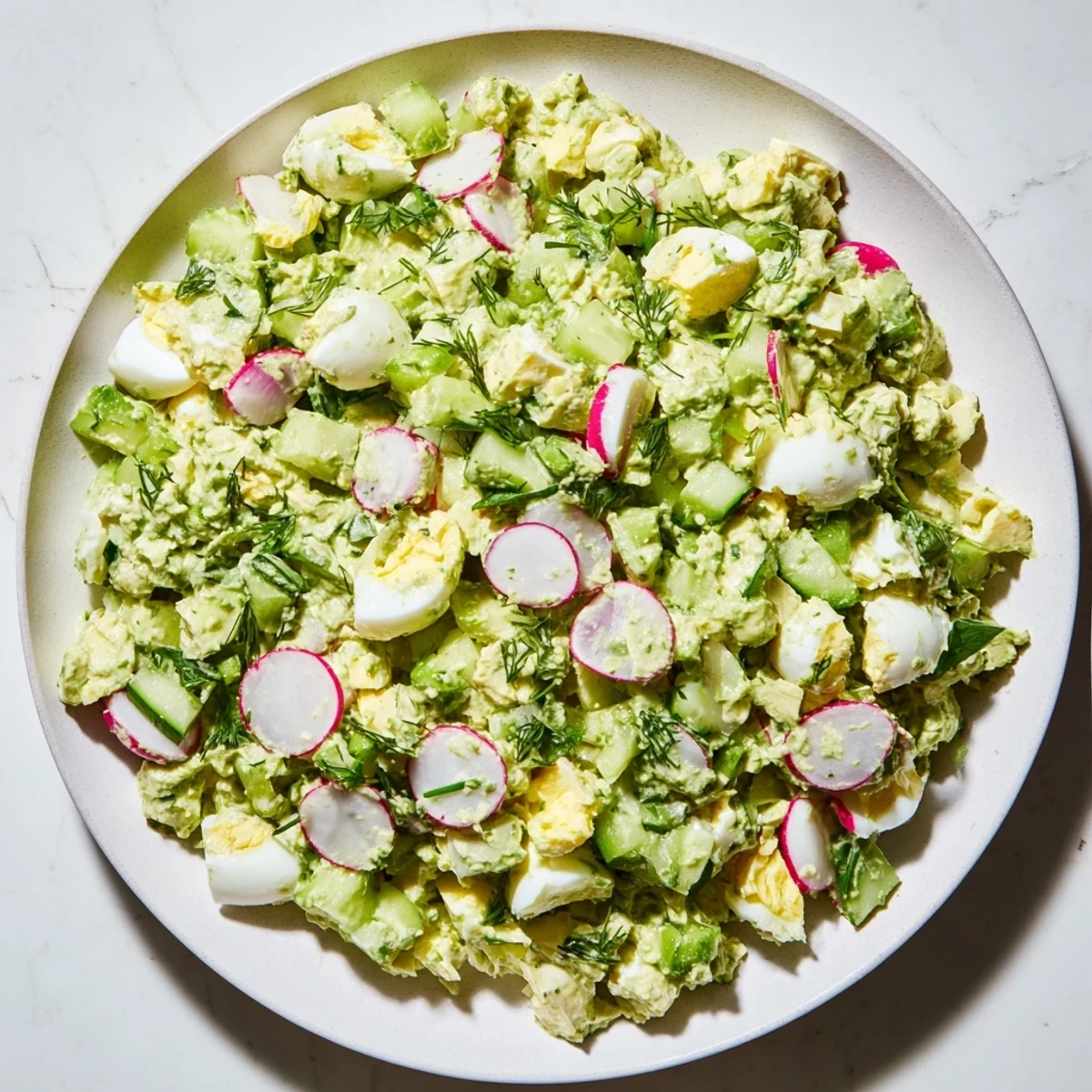 A beautiful bowl of Green Goddess Chopped Egg Salad with hints of herbs; ready to serve and enjoy.
