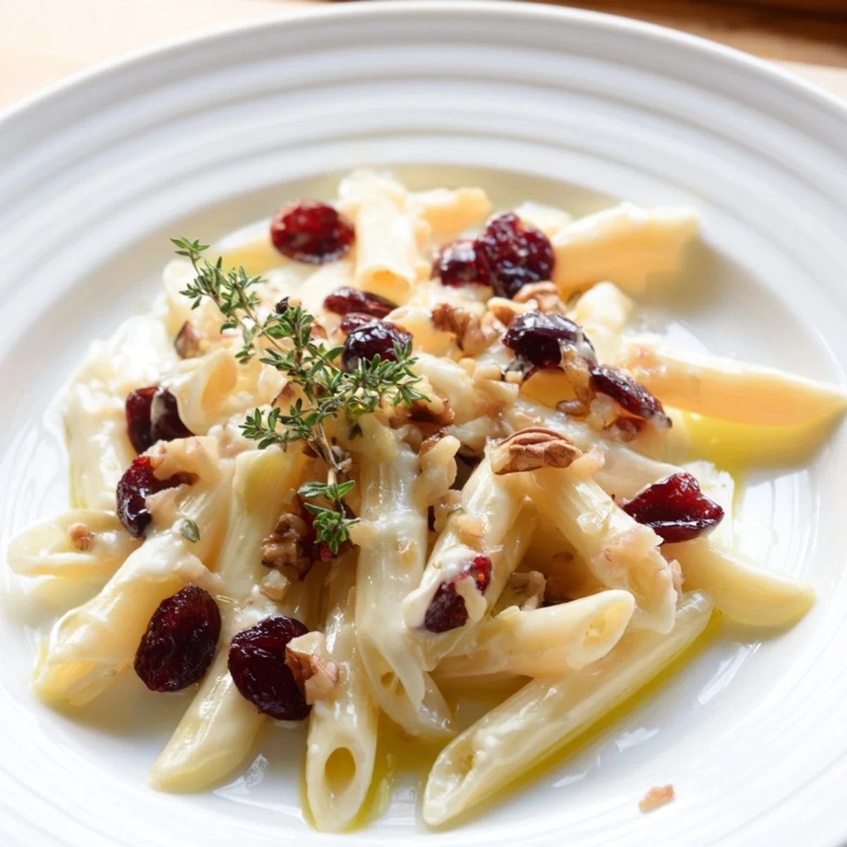 Creamy baked Brie and cranberry pasta, a comforting main dish with bubbling melted cheese.