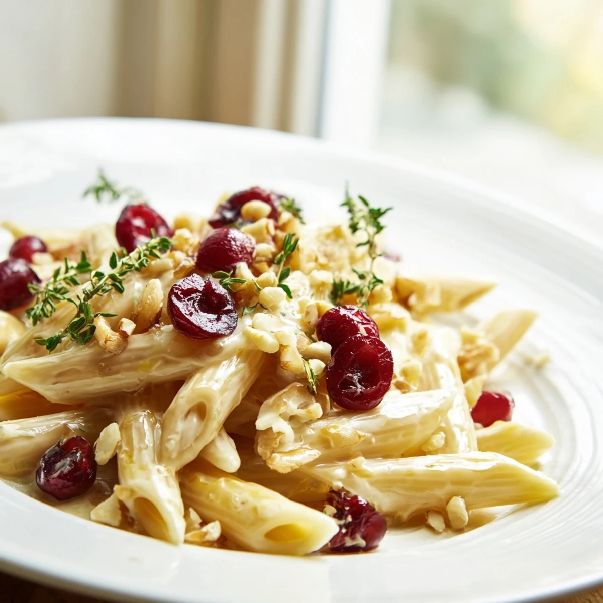 Festive baked Brie & cranberry pasta, showcasing the vibrant red cranberries with golden walnuts.