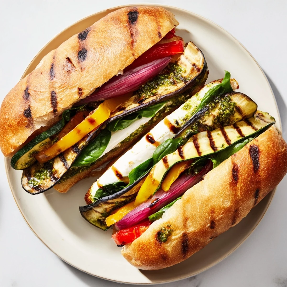 Mouthwatering Grilled Vegetable Panini with Pesto, showcasing grilled eggplant, red peppers, and oozing mozzarella cheese.