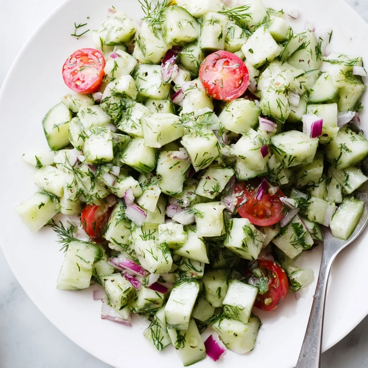 Fresh Simple Cucumber and Dill Chopped Salad featuring bright green cucumbers, red onion, and fragrant dill, ready to serve.