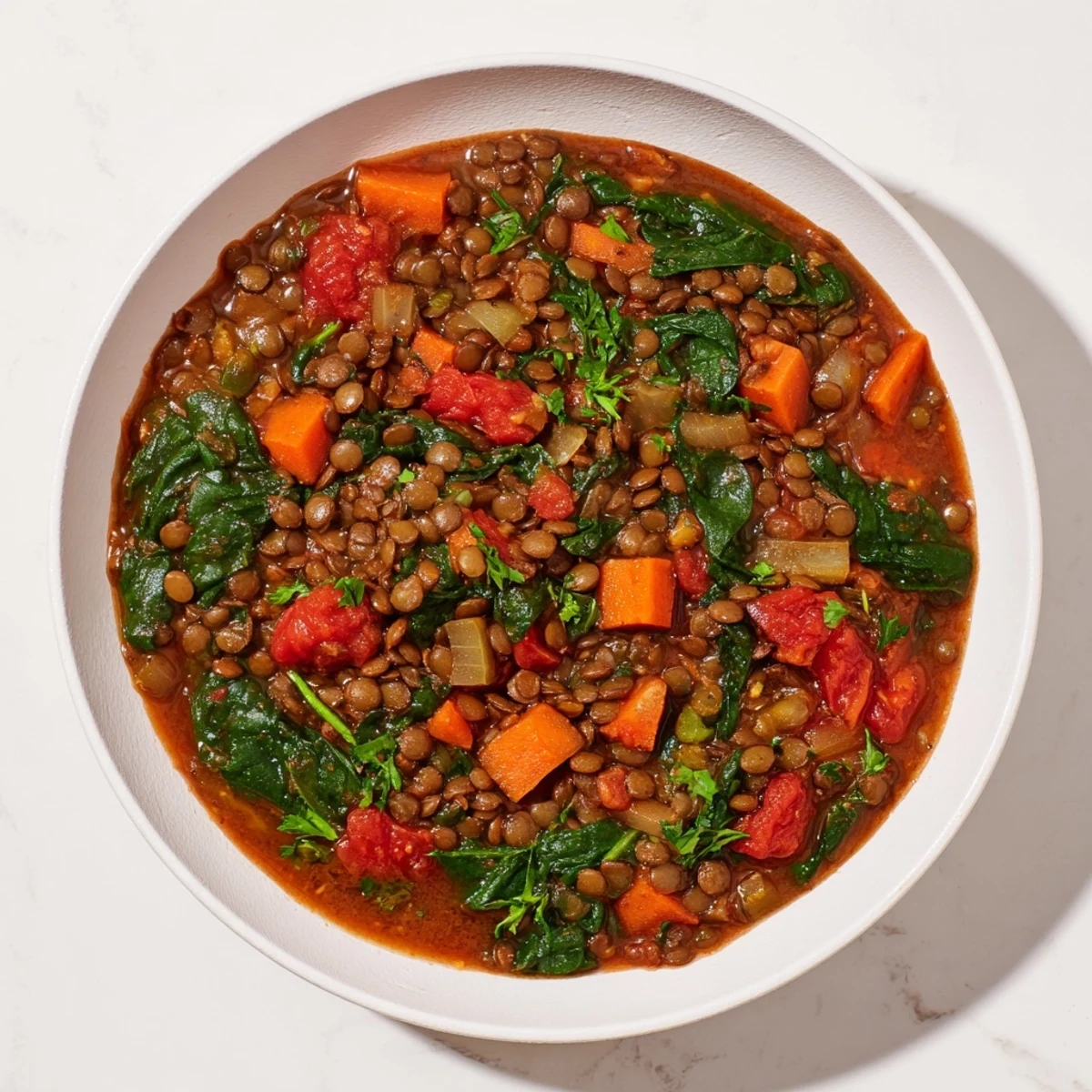 This hearty Savory Lentil and Spinach Stew simmers with aromatic spices, perfect for a cozy, flavorful dinner.
