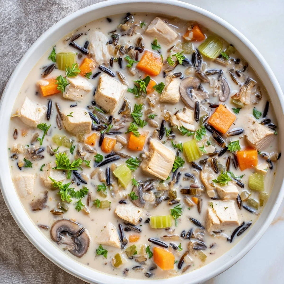 A close-up of creamy chicken and wild rice soup, fragrant and ready to eat.