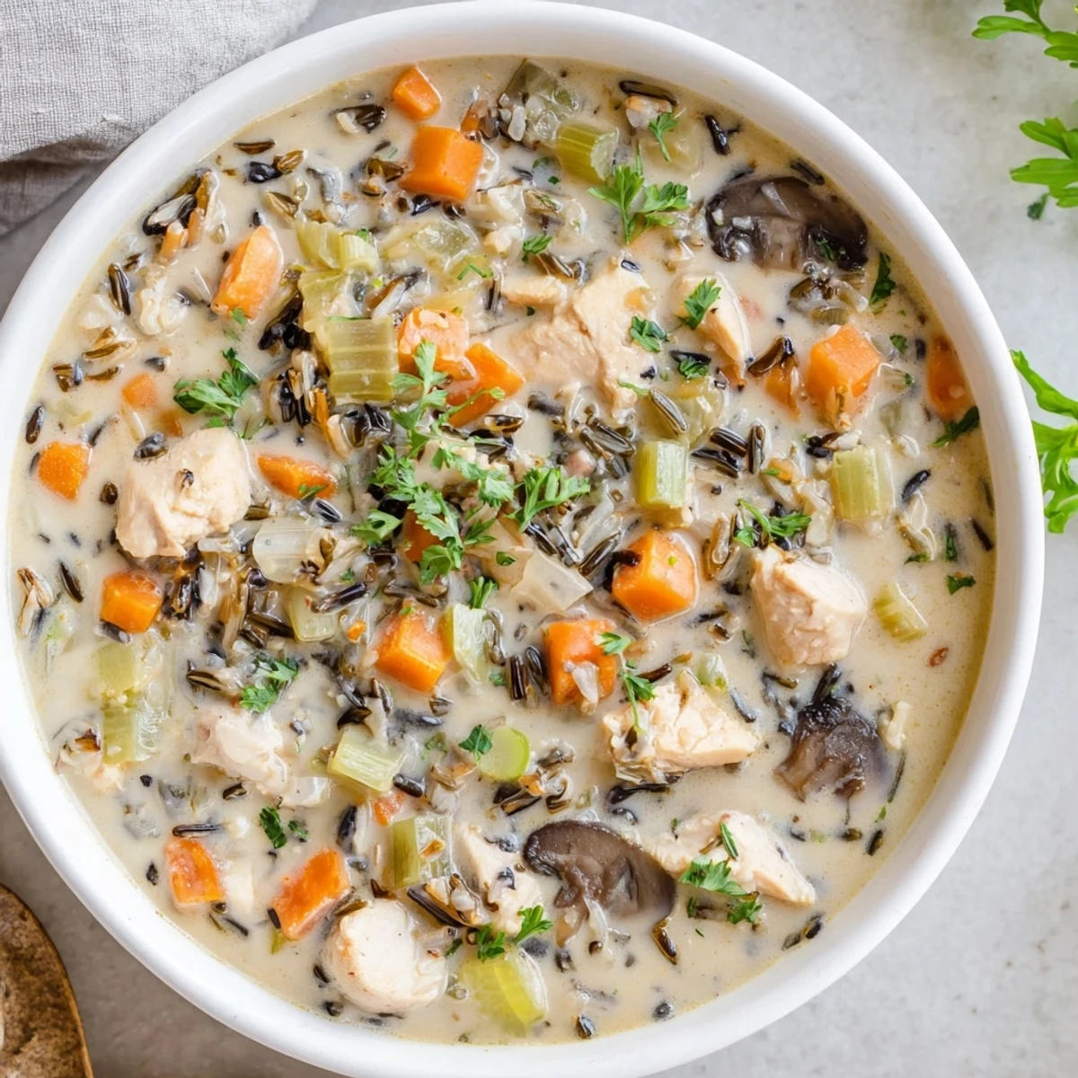This comforting bowl of creamy chicken and wild rice soup is filled with tender chicken.