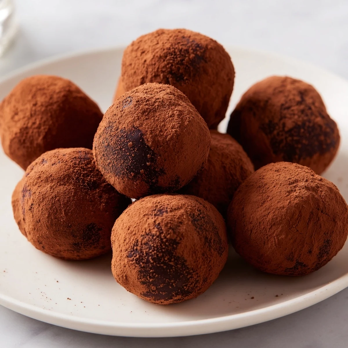 Dark chocolate truffles dusted with cocoa, a decadent treat ready to melt in your mouth.