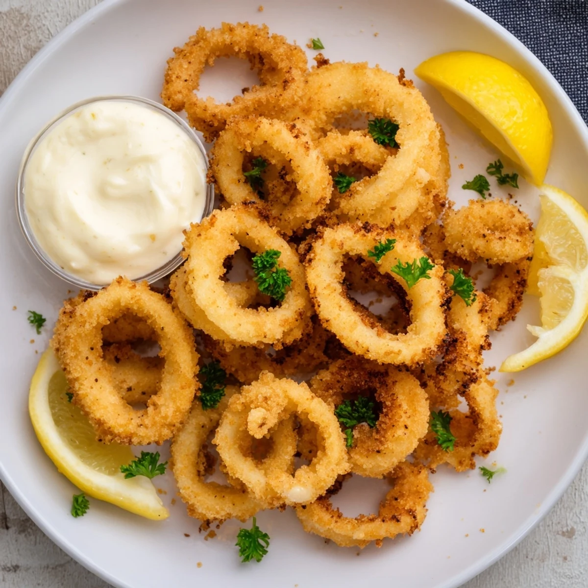 Golden-brown crispy squid, perfectly fried and ready to be dipped into a zesty sauce.